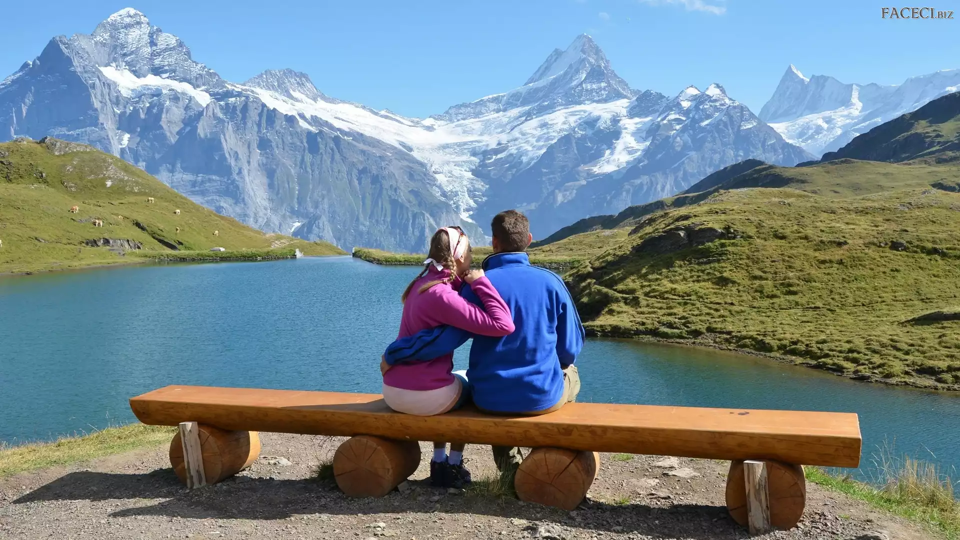 Góry, Para, Trawa, Ławka, Miłość, Jezioro