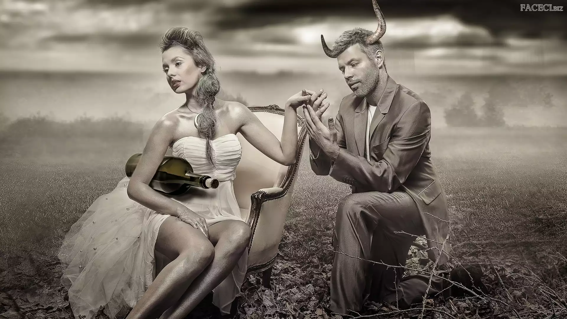 Diabeł, Suknia, Kobieta, Mężczyzna, Rogi, Biała, Butelka