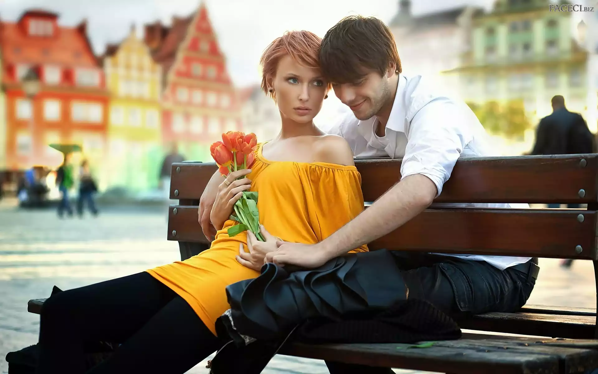 Szczęśliwa, Rynek, Rozmycie, Tulipany, Ławeczka, Para