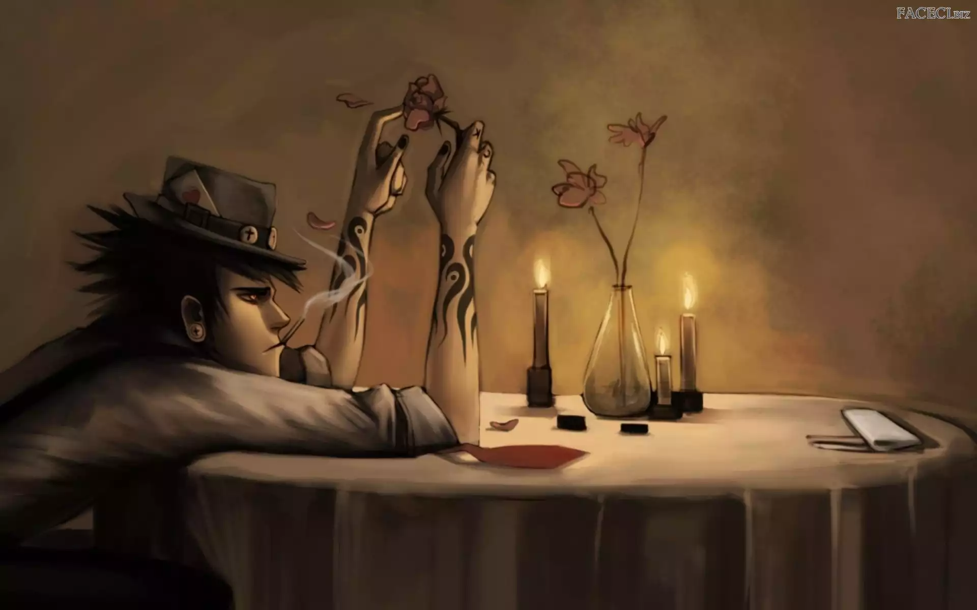Tatuaże, Mężczyzna, Papieros, Świece, Kapelusz, Stół